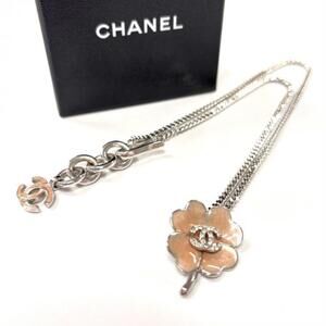 CHANEL Coco Mark Clover Rhinestone Necklace in Pink Beige and Silver